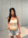 Tan Pearl Rhinestone Mesh Top