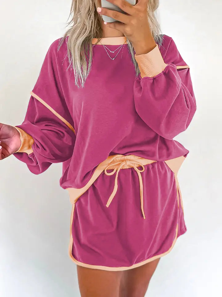 **COMING SOON** Contrast Loose Pullover and Lace-Up Waist Skort Set