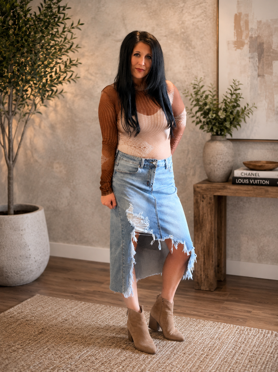 Rebel Edge Distressed Denim Midi Skirt