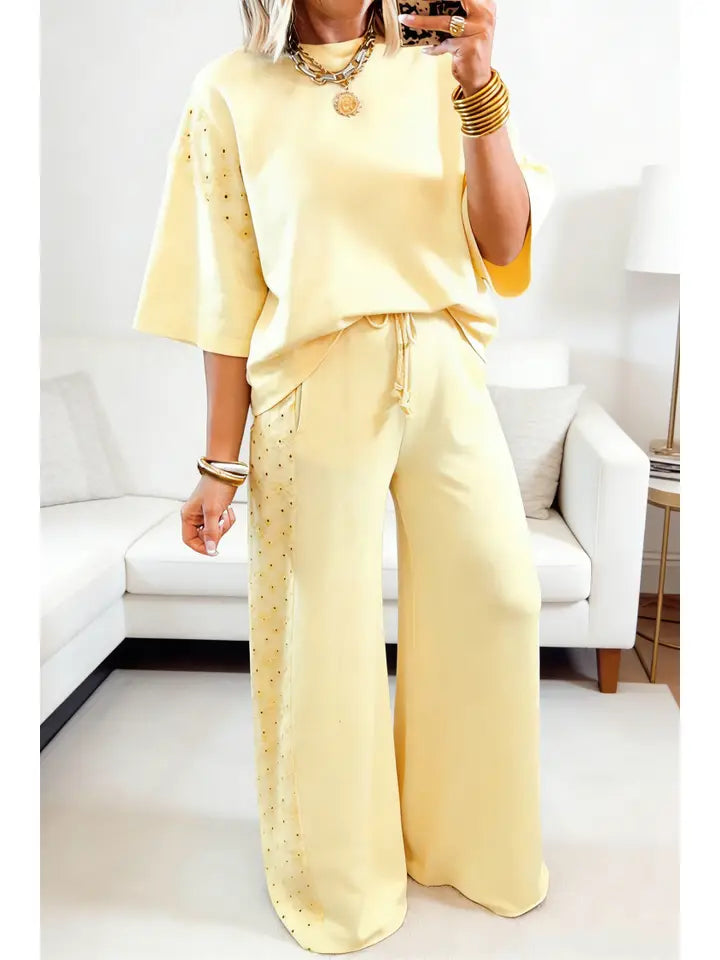 **COMING SOON** Eyelet Lace Patched Oversize Tee Drawstring Pants 2pcs Set