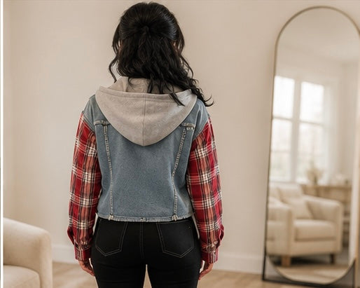Plaid & Denim Hooded Jacket