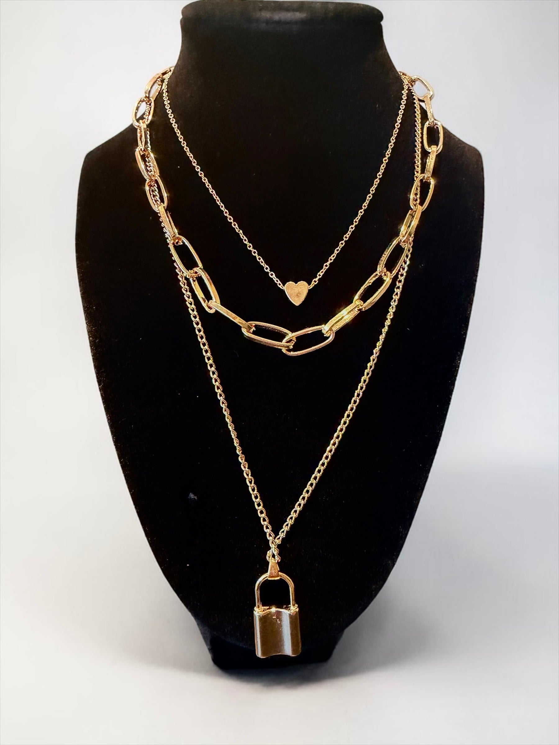 Gold Layered Heart, Chain and Lock Necklace