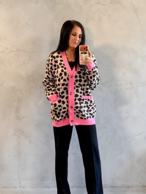 Leopard Cardigan with Pink Outline