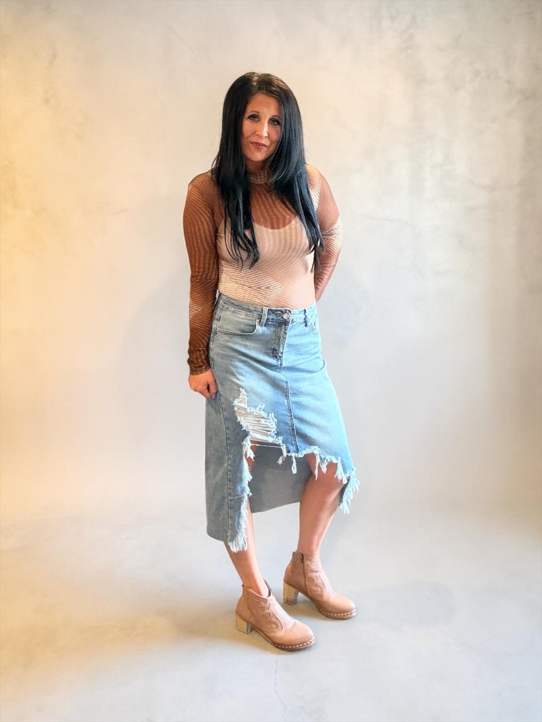 Distressed Bottom Denim Midi Skirt