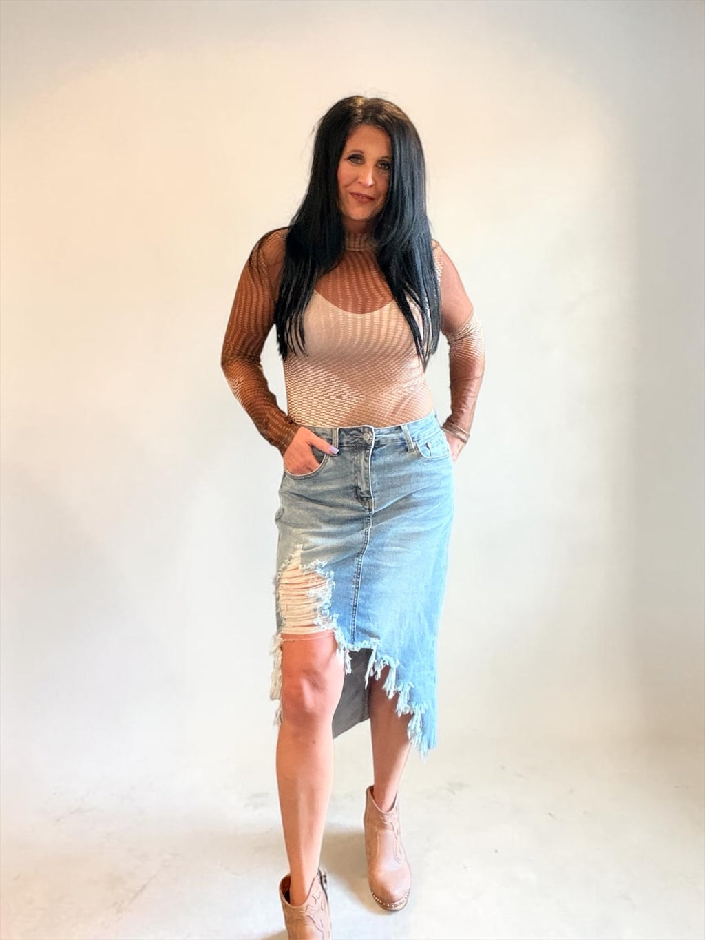 Distressed Bottom Denim Midi Skirt