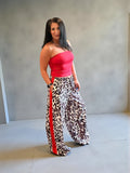 Wide Leg Leopard Print Pant with Red Stripped Detail