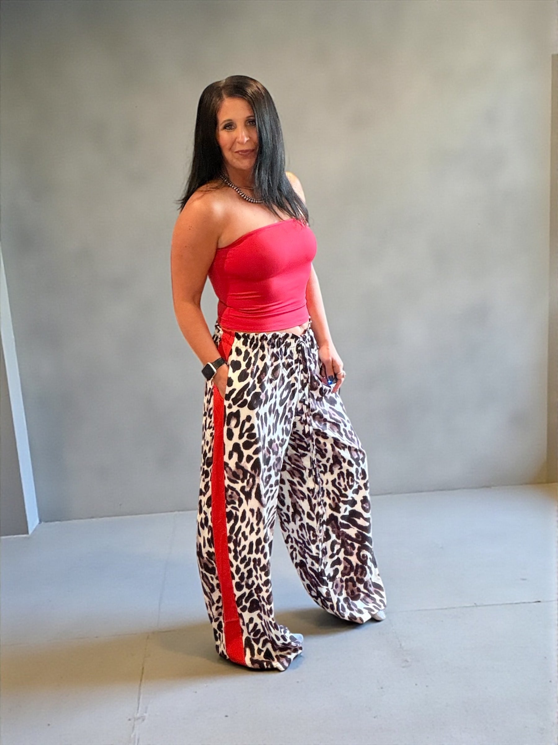 Wide Leg Leopard Print Pant with Red Stripped Detail