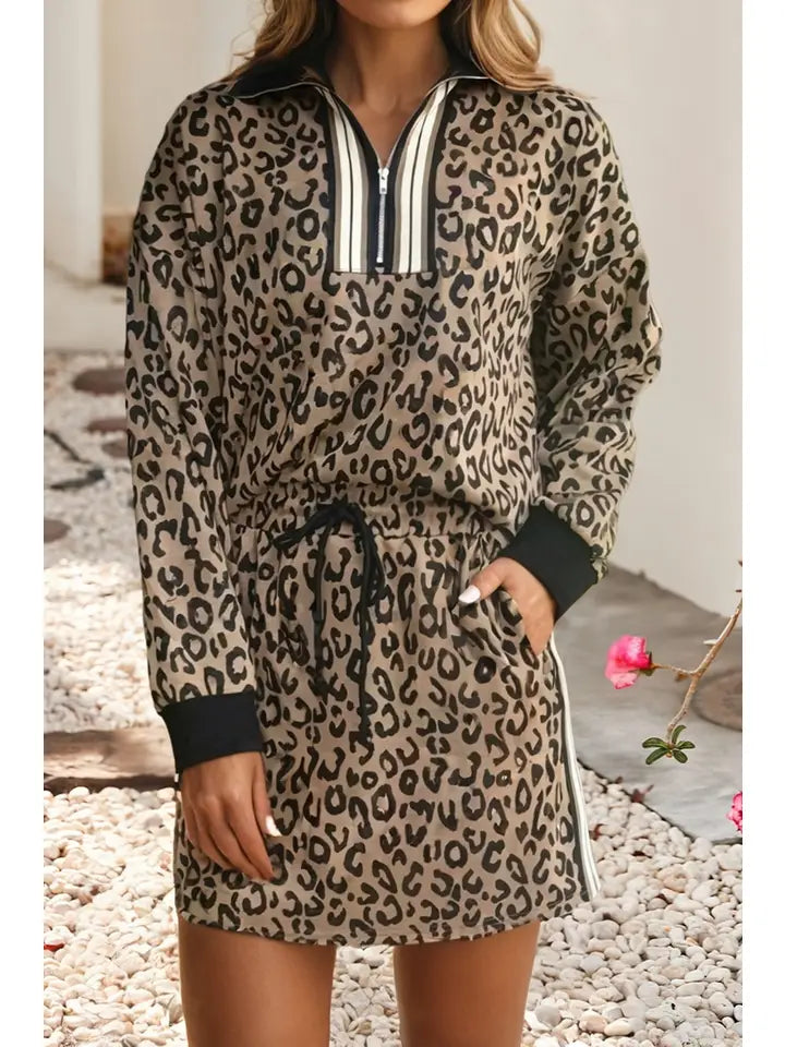**COMING SOON** Leopard Zip Top Drawstring Mini Skirt Varsity 2pcs Set
