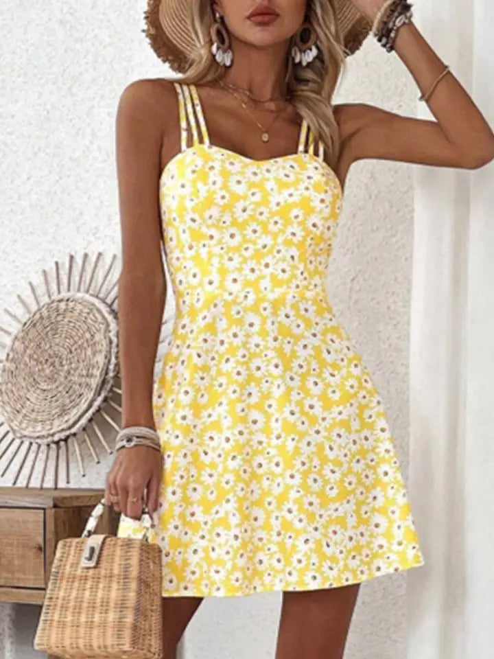 **COMING SOON** Short Waistline Yellow Floral Print Halter Dress