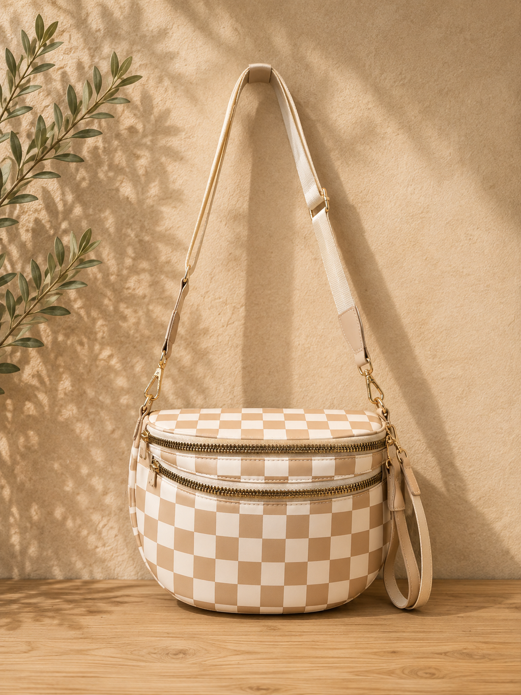 Tan Checkered Crossbody Bag