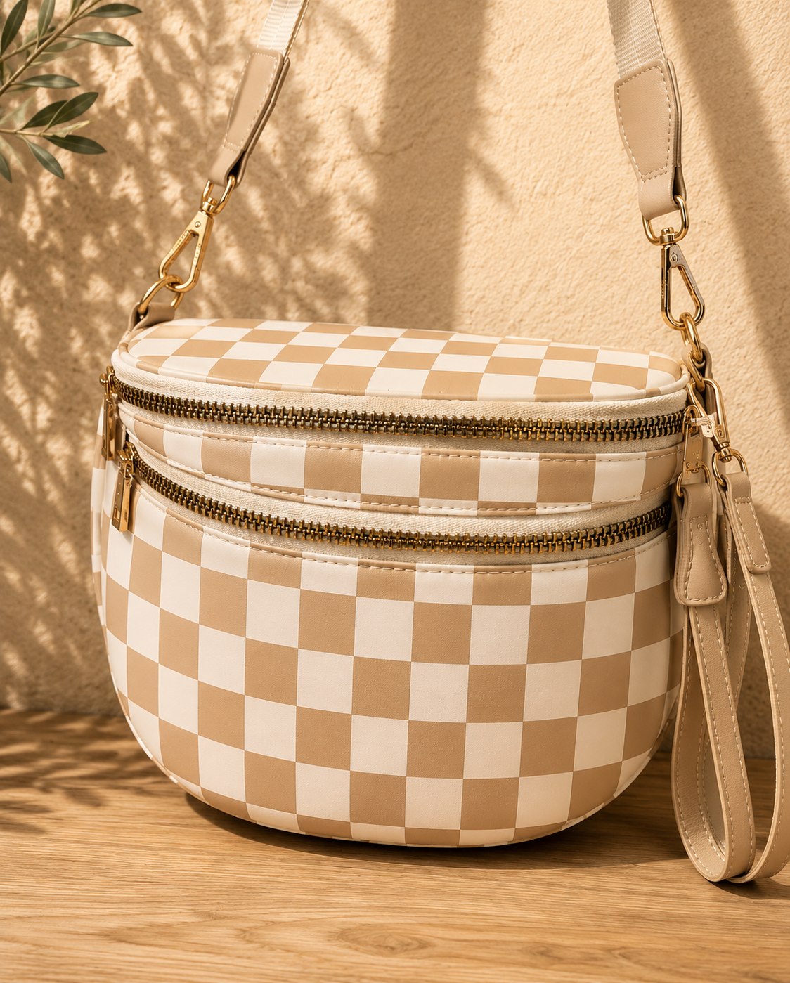 Tan Checkered Crossbody Bag