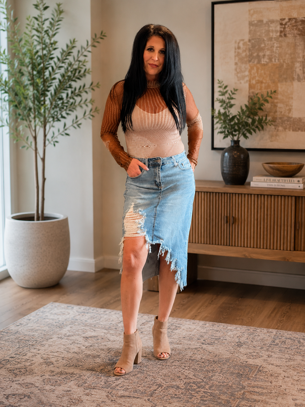 Rebel Edge Distressed Denim Midi Skirt